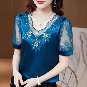 Elegant Satin V-Neck Short Sleeve Loose Blouse