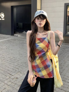 chaqi | Summer Plaid Mini Halter Vest Womens Design Sensation Outerwear Square Scarf Tube Top Short Spicy Girl Casual Wear Top