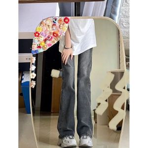 กางเกงยีนส์ทรงขาบานทรงยาวสำหรับเด็กผู้หญิง ฤดูใบไม้ผลิและฤดูใบไม้ร่วง กางเกงยีนส์ทรงตรงทรงสลิมสำหรับเด็ก เดรสยาวปานกลาง คอลเลกชันฤดูใบไม้ผลิ 2024