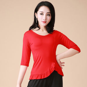 New Modale Lace Trim Dance Top Womens Latin Modern Dance Practice Uniform Chicken Heart Collar Cotton round Neck Fitness Sportswear