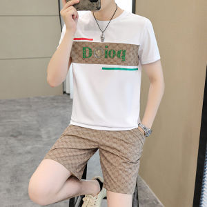 2025 Mens Autumnal European Style Embroidered Print Half Zipper Two-Piece Fashion Set Polyester Short Sleeve T-Shirt And Shorts