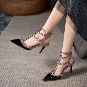 Summer 2025 Womens Pointed Toe High Heels Rivet Decorated Sandals Beautiful Nude Color Single Shoes Low Cut Mouth Fashionable