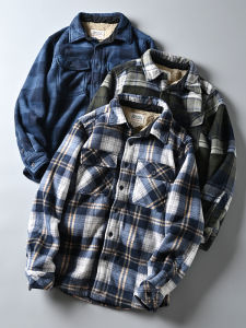 เสื้อเชิ้ตผู้ชายผ้าฟลานเนลหนาขนแกะมีฟองน้ำด้านในฤดูใบไม้ร่วง/ฤดูหนาว เสื้อผ้าทำงานสไตล์อเมริกันลำลองเยาวชน ปกคอกลม แขนยาว ทรงหลวม