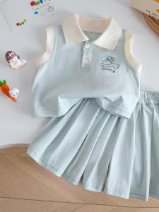 Girls Summer Fresh Polo Neck Sleeveless Vest with Pleated Shorts Two Piece Set Korean Style Cotton Commute Pure Color