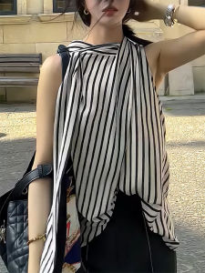 QINGNAER | Elegant Slim Stylish Summer Plus Size Vertical Stripe Sleeveless Light Vest Blouse