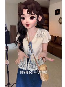 French Elegant Splice Hook Flower Hollow Unique Beautiful Short Sleeve Shirt Women Summer V-neck Belted Chic Small Top