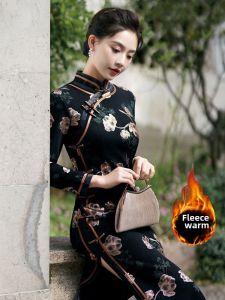 Thickened Fleece Winter Long Sleeve Flag Dress Vintage Style High Collar High Slit Daily Wear for Women over 35 Velvet Fabric