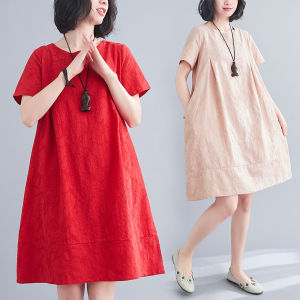 ชุดเดรสยาวปานกลางผ้าลินินลายดอกไม้สไตล์เกาหลีสำหรับผู้หญิงไซส์ใหญ่ คอตั้ง สไตล์เกาหลี แฟชั่นฤดูร้อน แขนสั้น