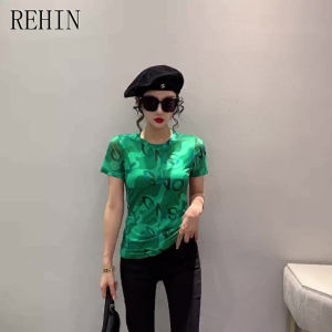 REHIN Womens T-Shirt Summer New Europs Fashion Mesh Round Neck Green Printed Short Sleeve shirt Slim Fit S-3XL All-Match Tops