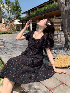MASISI | Plus Size French Square Neck Floral Waist-Cinching Summer Dress
