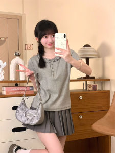 French Style round Neck Short Sleeve T-Shirt Women Slim Fit Straight Cut Vintage Button Detail Splice Design Summer Cotton Top