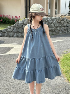 Girls Summer Dress Fashionable Childrens Skirt Princess Denim Skirt Cotton Fabric Daily Wear Long Dress Cool Sensation round Neck