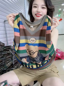 Shalldoer | Slimming Short Sleeve V-Neck Striped T-Shirt Summer Top