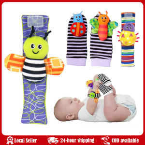 4Pcs Baby Toy 0-12 Months Baby Rattles Toys Animal Socks Wrist Strap + Rattle Baby Foot Socks Bug Wrist Strap Baby Socks New 0~24 Months Baby Rattles Soft Plush Toys Foot Wrist Rattle Set Cartoon Newborn Development Educational Toys For Children
