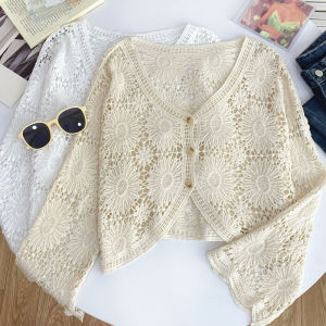 Design Sensation V-Neck Long Sleeve Hollow out Thin Knitted Shirt Womens Summer New Style Short Sun Protection Open Cardigan Top
