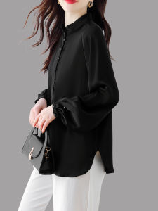 เสื้อเชิ้ตคอตั้งสีดำสไตล์จีนใหม่สำหรับผู้หญิง ฤดูใบไม้ร่วง 2025 ทรงหลวม ไซส์ใหญ่ ทรงเก๋ไก๋ วัสดุผ้าชีฟอง