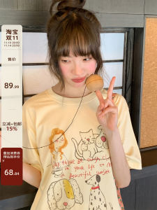 Hello Canon Original Cartoon Print Short Sleeve T-Shirt Women Summer 2025 Fashionable Youthful Korean Style Loose Fit Cotton