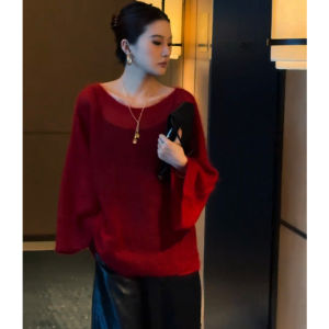 Christmas Atmosphere Lazy Style Red round Neck Sweater Womens Autumn Winter Long Sleeve Loose White Korean Knitted Top