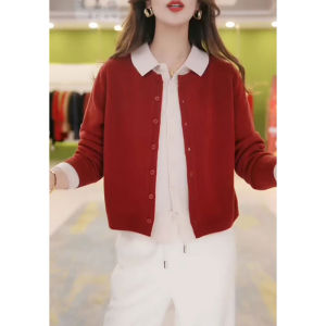 Outlets Big Sale Counter Brand Contrast Color Lapel Fake Two Pieces Tops Wool Knit Cardigan Outwear Female Fall and Winter