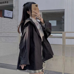 Black Short Womens Jacket Spring Autumn Casual Loose Slimming Waterproof Open Cardigan Thin Hooded Windbreaker Commute Style