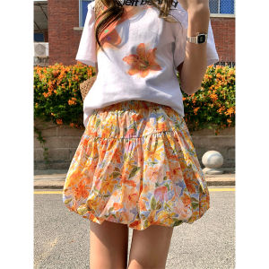 CCKOK Summer 2025 Orange Flower Pumpkin Short Skirt A-Line Mini Skirt Sweet Design Slimming Effect Commute Style Natural Waist