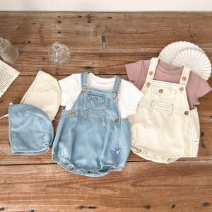 Korean Style Summer Thin Cotton Romper Womens Strap Bottom Covering Short Sleeve Top And Bottom Set with Hat Baby Outfit