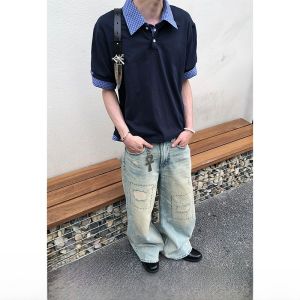 เสื้อโปโลแขนสั้นสีน้ำเงินเข้ม 2 ชิ้นปลอม ทรงหลวม ปกติ ฤดูร้อน 2025 ผ้าฝ้ายผสมโพลีเอสเตอร์ ปกติ แขนสั้น ปกติ