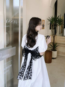 Elegant White Butterfly Knot Long Dress Womens Fashion Sensation Atmosphere Summer New Style Gentle Korean Version Bubble Sleeve A-Line Dress
