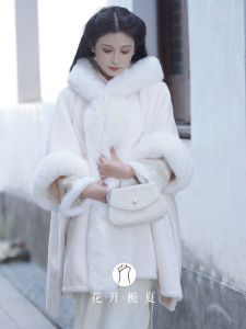 Thickened Long Sleeve Coat with Big Fur Collar Retro Style Commute Flag Dress Loose Outerwear Hooded Gown for Women