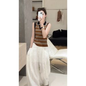 YUEZHONGWEI | Áo Len Không T Tay Thiết Kế Sọc Thoáng Khí