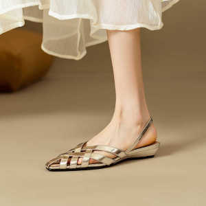 French Style Open Toe Flat Bottom Sandals Womens Summer Outdoor Wear Golden Hollow Woven Breathable Comfortable Fashionable