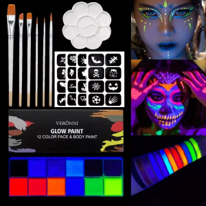 VERONNI | 12 Color UV Glow Face Body Paint Kit Luminiscent Paint Oil-Neon Fluorescent with Brushes Body Art Nighttime Face Painting Makeup