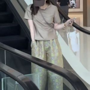 High Waist Casual Wide Leg Pants Womens Embroidered Ethnic Style Seven Tenths Trousers Slimming Hip Large Thigh Pear Shape