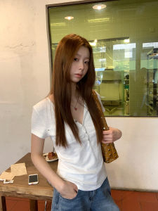 Elegant V-Neck Straight Shoulder T-Shirt White