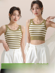 Miiow | Cat Lady Knitted Stripe Strap Vest Womens Summer New Outwear Inner Match Beautiful Back Strap Chest Pad Short Top