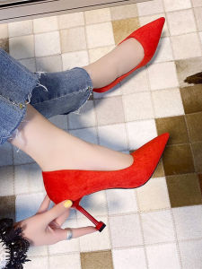 Womens Velvet Pointed Toe Single Shoes Thin Heel Medium Heel Fashionable Green Red Wedding Shoes Comfortable Slip-On Shoes
