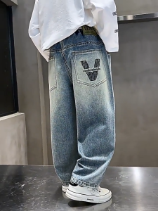 Baggy Pants For Kids Boy 6-12yrs Jeans For Kids Boy Fashion Embroidery Pants For Kids Boy Street Style Denim Pants For Kids Boy 130-160cm