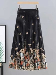 เรียบหรู กระโปรงพลีท ผู้หญิง ทรงเอ Midi เดรส สูง เอว ฤดูใบไม้ร่วง ฤดูหนาว ลายดอกไม้สไตล์ใหม่สไตล์จีนยาว กระโปรง