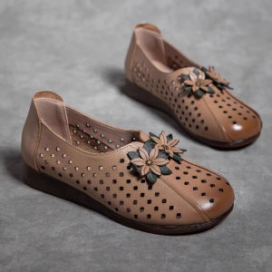 SHIPAILUO | Womens Summer Genuine Leather Breathable Hollow Out Shoes Ethnic Style Flat Heel Soft Bottom Sandals Floral Embroidery