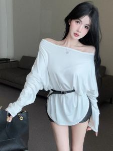 GUZILIAN | Ladies Long Sleeve T-Shirt Shoulder Baring Inner Wear With Belt Korean Style Knitted Base Shirt Standard Fit Commute Style Autumn Wear
