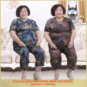 Summer 100.00kg Fashion Print Short Sleeve Plus Size Grandmas Clothes Middle-Aged and Elderly Two-piece Set Tops Pants Mom Wear