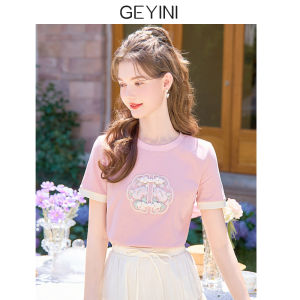 Summer New Pink Knitted Short Sleeve Top Womens Fashionable Small Size Chinese National Style Design Casual Sweet T-shirt