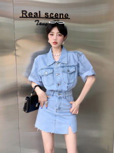 Korean Style Womens Short Sleeve Polo Collar Denim Skirt High Waist Slit A-Line Mini Dress Summer Fashion Fitted Skirts