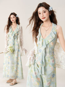 Summer Leisure Dress Flounce Flowered Slim Fit V-neck Green Maxi