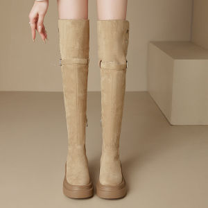 รองเท้าบูทส้นสูงพื้นหนาแบบยาวถึงเข่าสำหรับผู้หญิงในฤดูใบไม้ร่วงและฤดูหนาว รองเท้าบูททรงขี่ม้าแบบหนาหุ้มข้อ กันหนาว ด้านนอกเป็นหนังเทียม