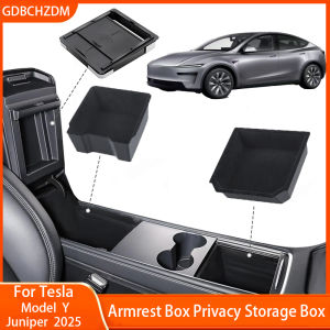 For Tesla Model Y Juniper 2025 Hidden Storage Center Console Armrest Front And Rear Flocking Layered Grid Organized Container