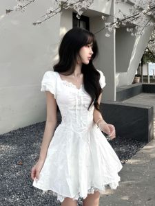 CHANGTONG | Stylish Petite White Dress Waist Accentuating Gentle and Cute