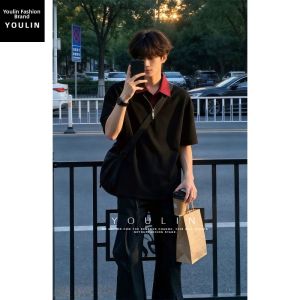 YOULIN | Contrast Color Fake Two Pieces Polo Shirt Half Zip 5/8 Sleeve
