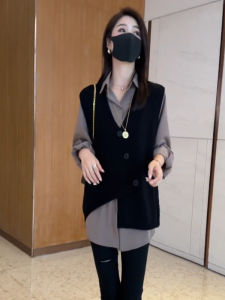 Womens Knitted V-Neck Vest Shirt Set Casual Open Cardigan Sweater Outerwear Autumn Winter New Style Regular Fit Pure Color