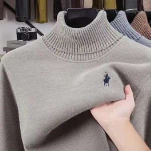 High end brand velvet sweater mens new fashion designer exquisite pony embroidery winter thick warm high neck knitted pullover